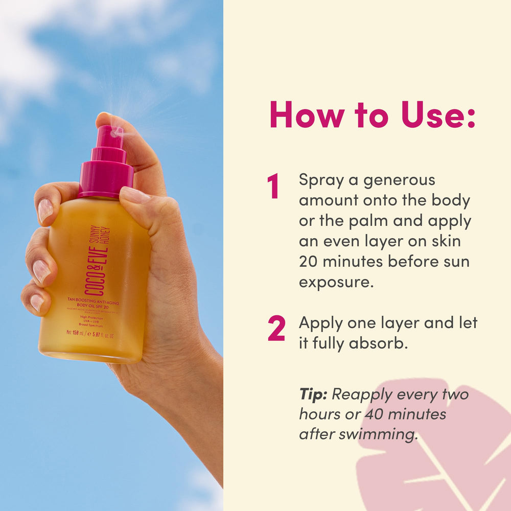 Coco & Eve SPF20 broad-spectrum protection imagery reinforces sun safety.