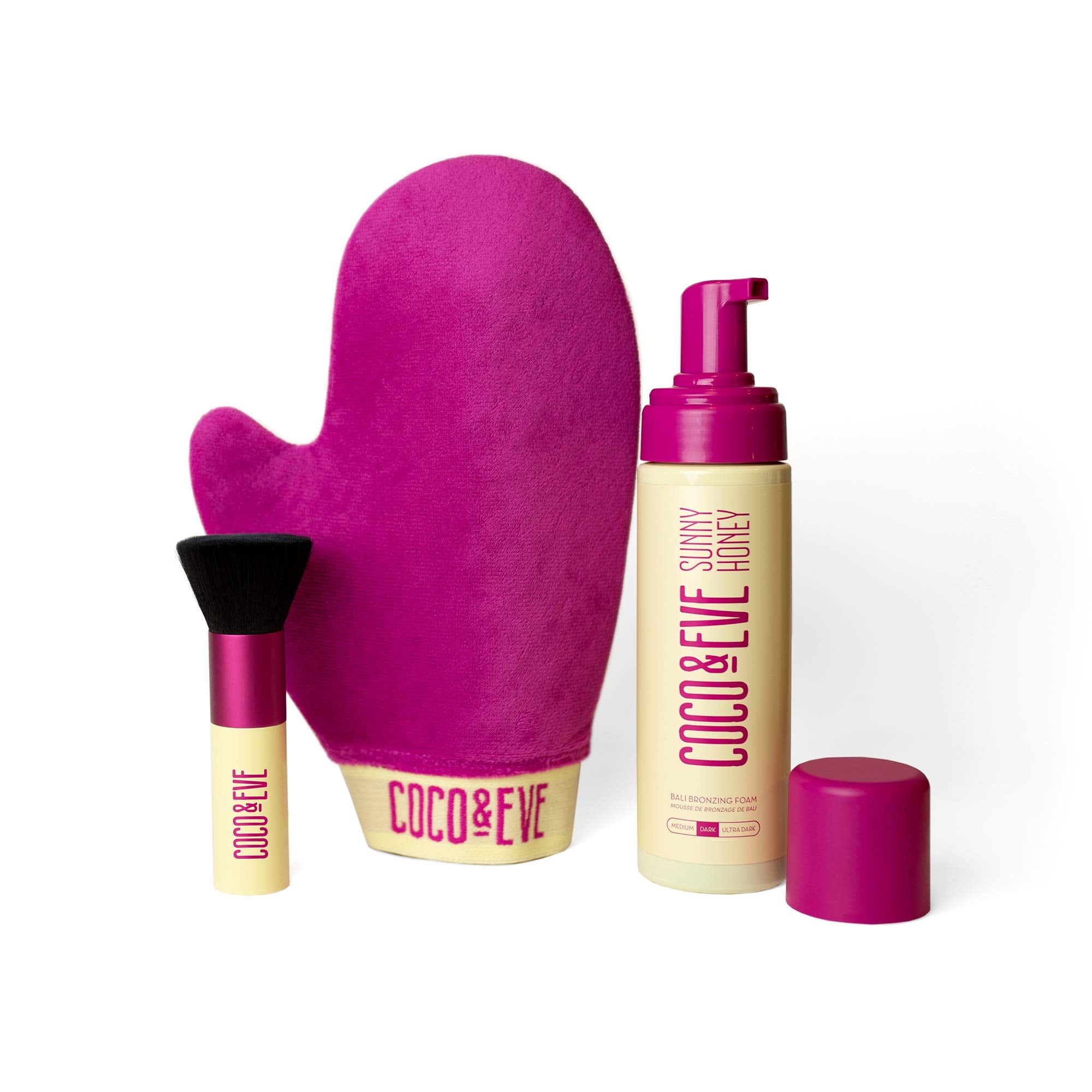 Coco & Eve Sunny Honey Bali bronzing bottle shows natural glow potential.
