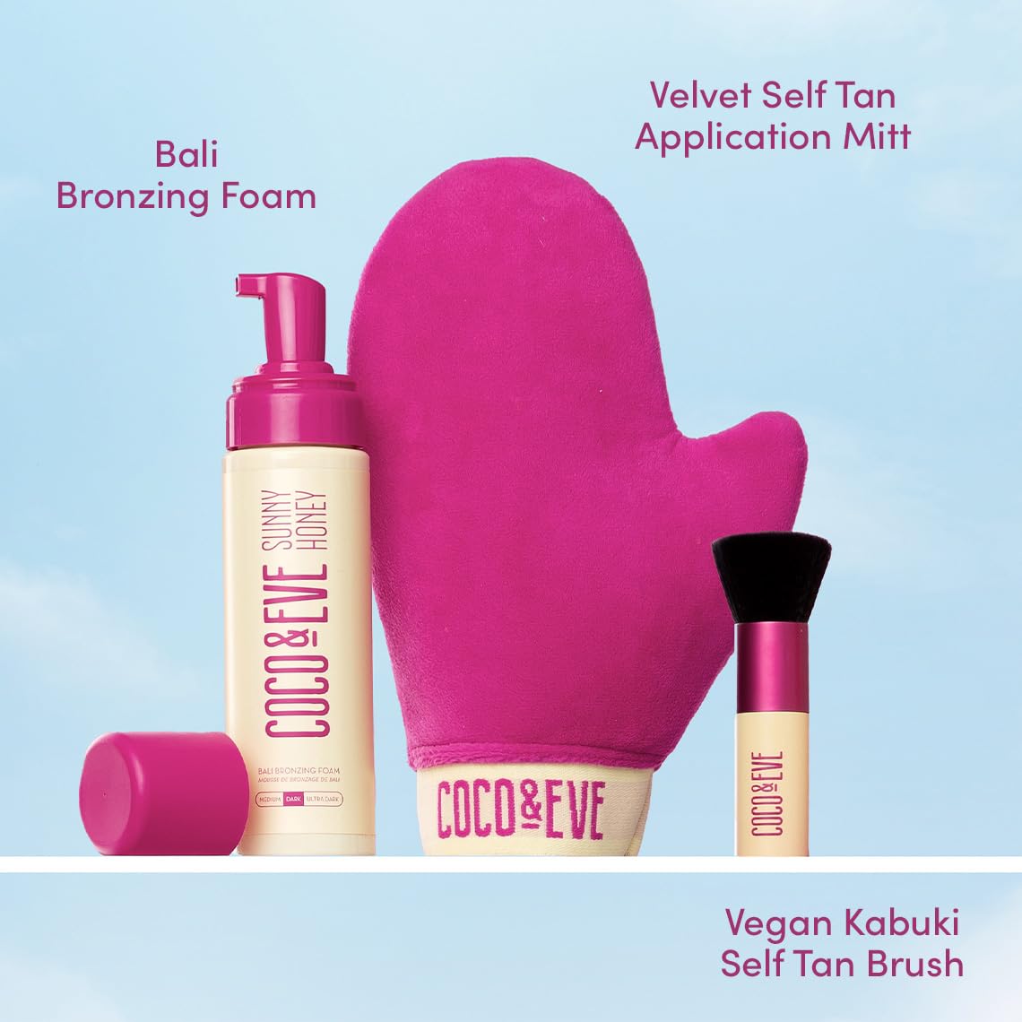 Coco & Eve Sunny Honey Bali mitt applicator supports precise, minimal-transfer application.