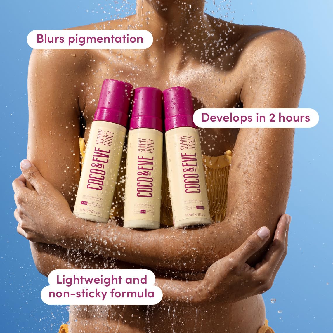 Coco & Eve Sunny Honey Bali mousse face-application shows precise, transfer-free tan.