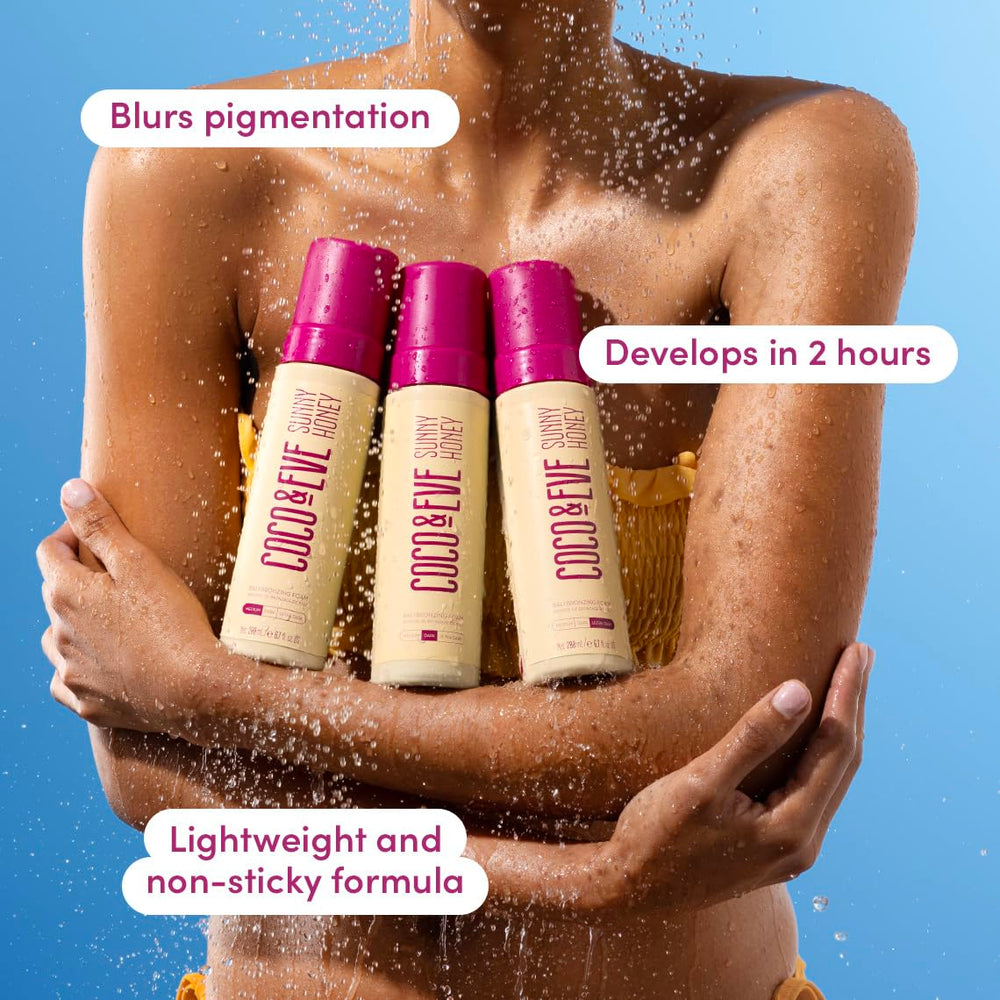 Coco & Eve Sunny Honey Bali fragrance mango guava evokes island escape during application.