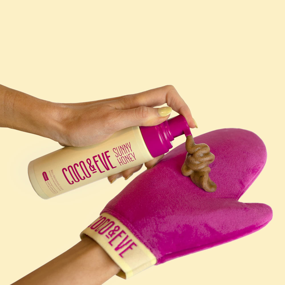 Coco & Eve Sunny Honey Bali mousse texture close-up highlighting quick-drying formula.