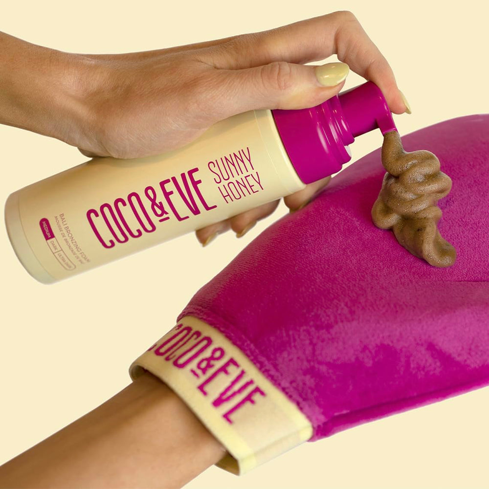 Coco & Eve Self Tanner Mousse bottle demonstrates quick-dry, no-transfer tanning.