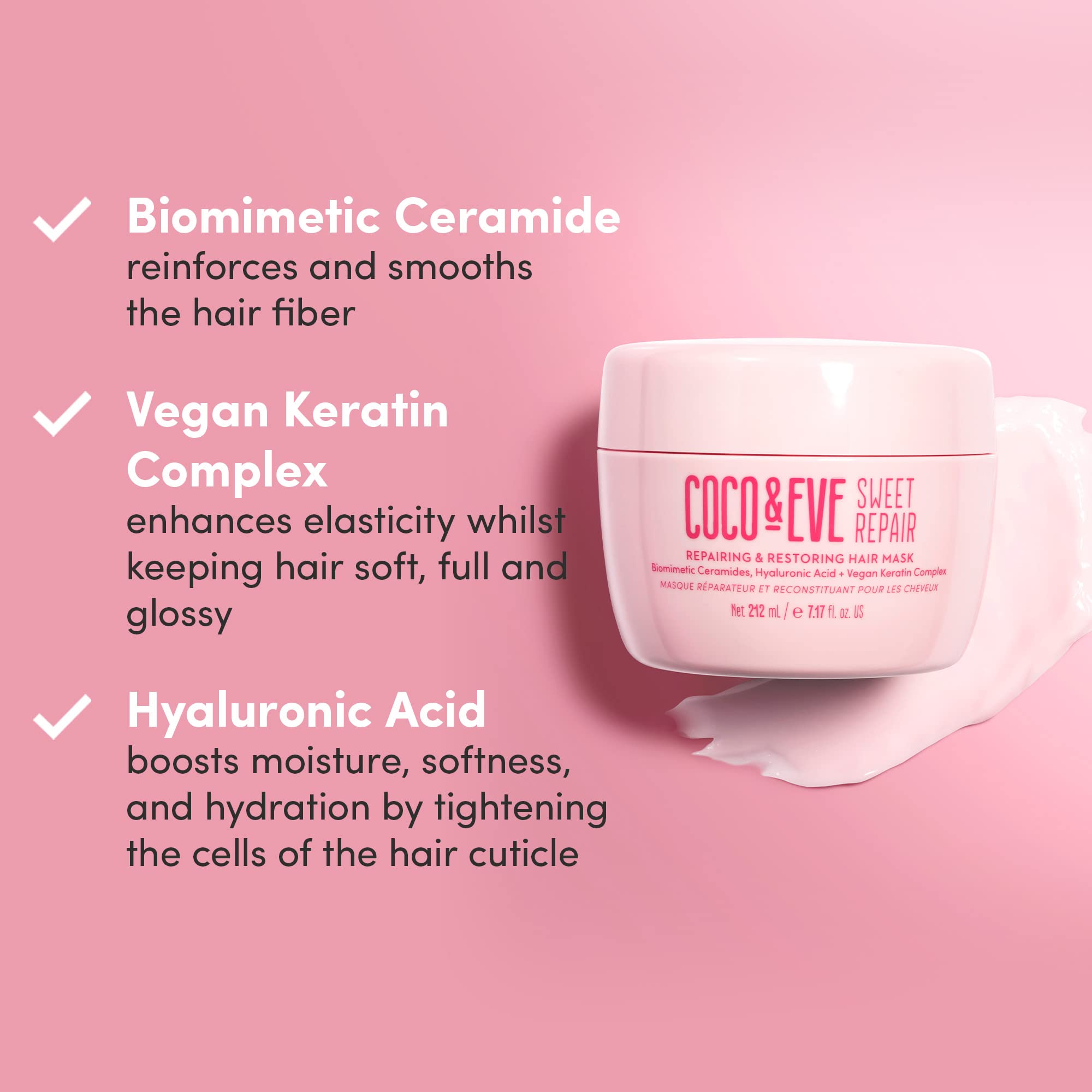 Coco & Eve Sweet Repair mask on hair glow, hinting at shine.