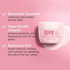 Coco & Eve Sweet Repair mask on hair glow, hinting at shine.