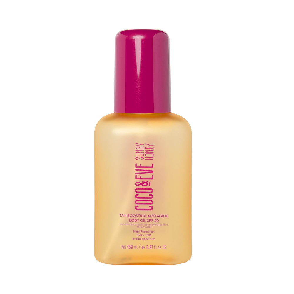 Coco & Eve Tan Boosting Oil bottle closeup with glow-enhancing formula.