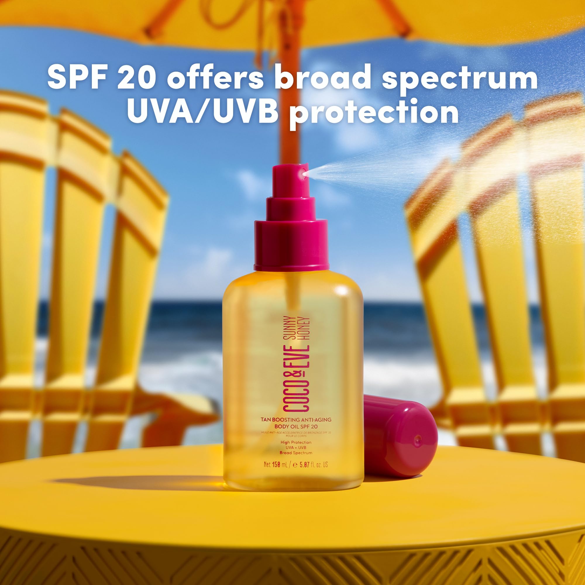 Coco & Eve peptide bottle emphasizes the tan-boosting anti-aging complex.