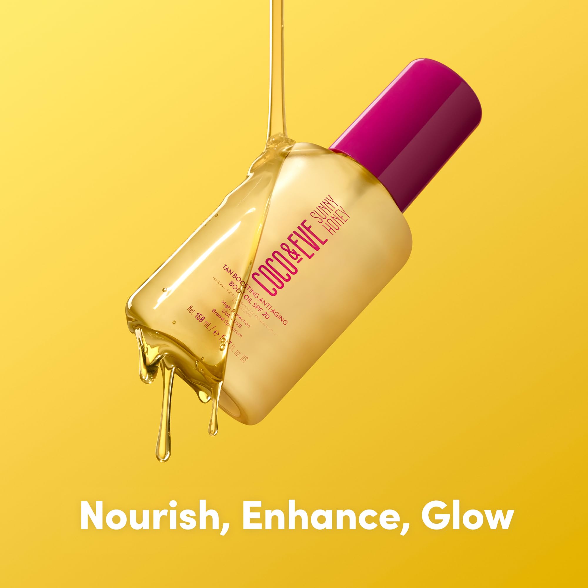 Coco & Eve Tan Boosting Oil SPF20 pump highlighting easy application.