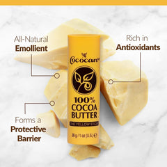 COCOCARE cocoa-butter-stick application, hands using the stick for quick moisture.