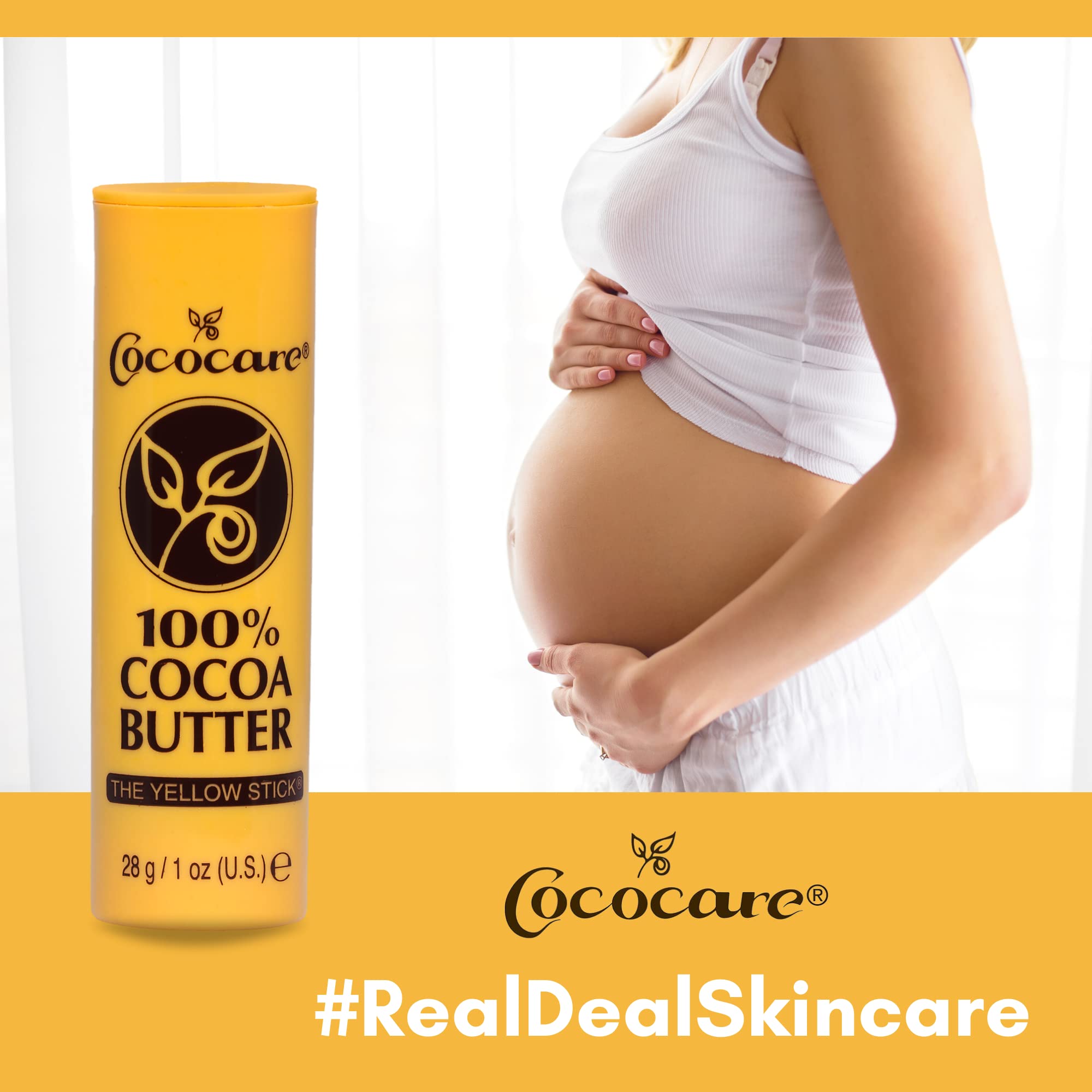 COCOCARE yellow-stick branding closeup, reliable all-natural moisturizer for everyday use.