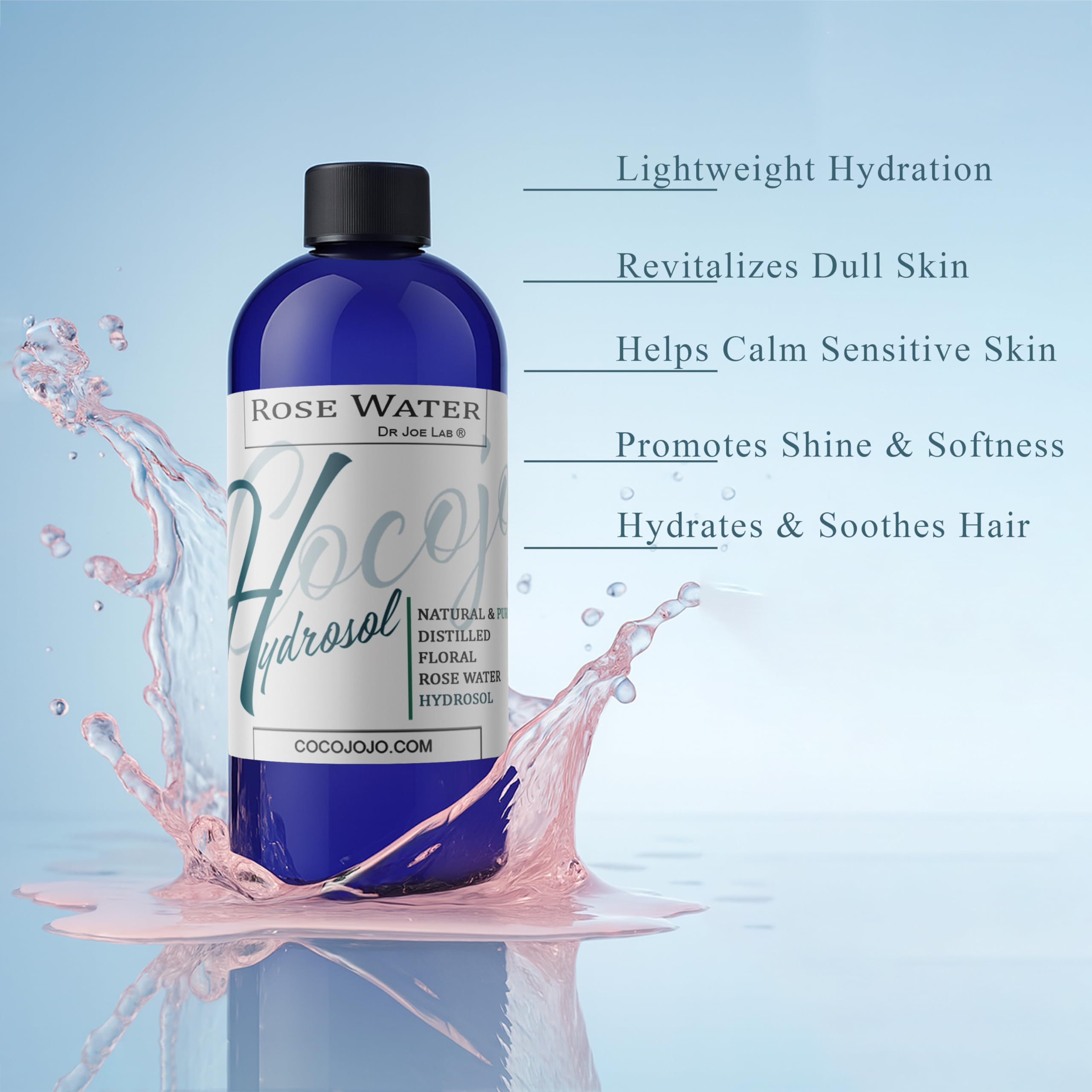Cocojojo Rose Hydrosol rose-petals closeup highlights natural rose aroma.