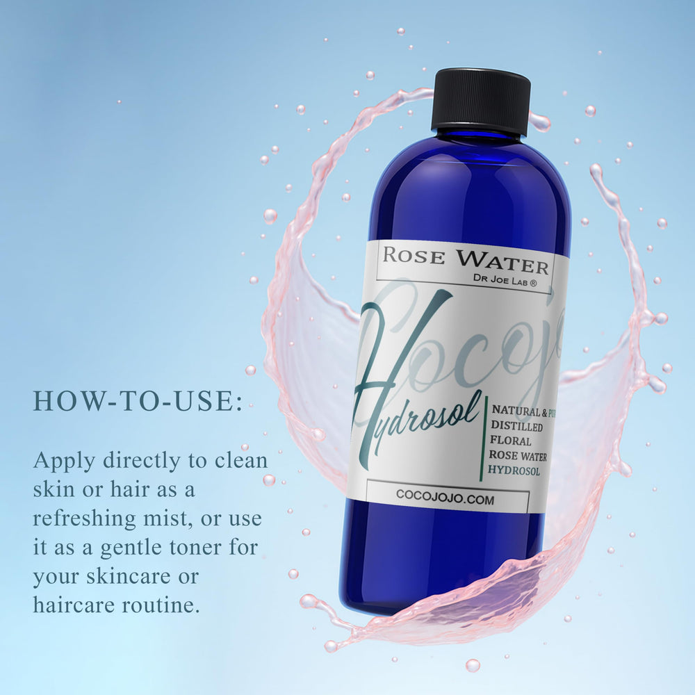 Cocojojo Rose Hydrosol skin-application scene shows gentle, alcohol-free hydration.