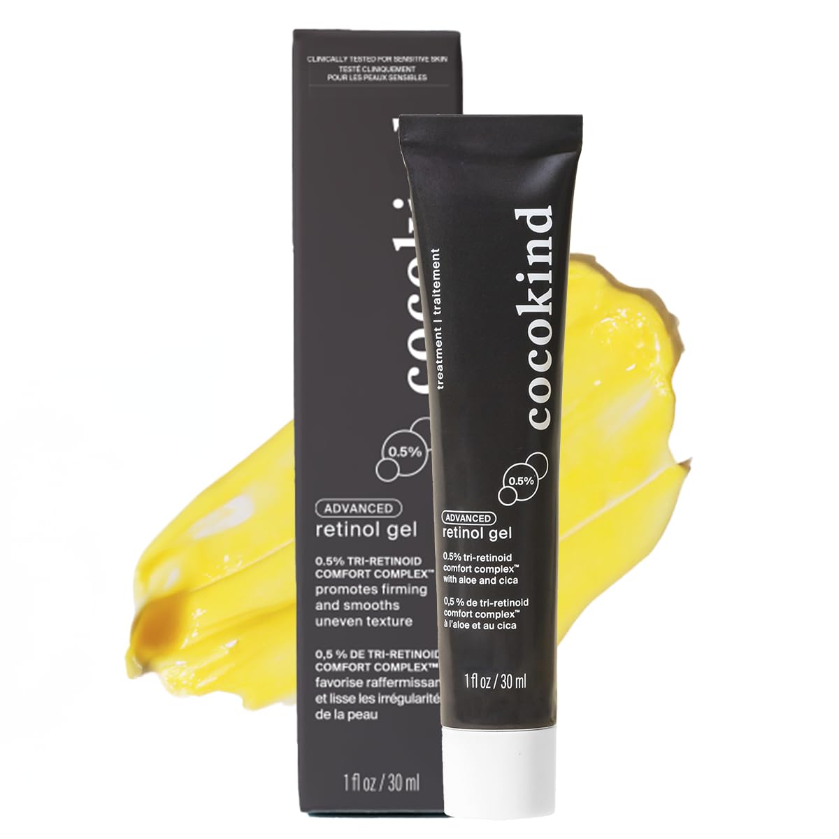 Cocokind Advanced Retinol Gel packaging closeup highlighting gentle retinol for sensitive skin