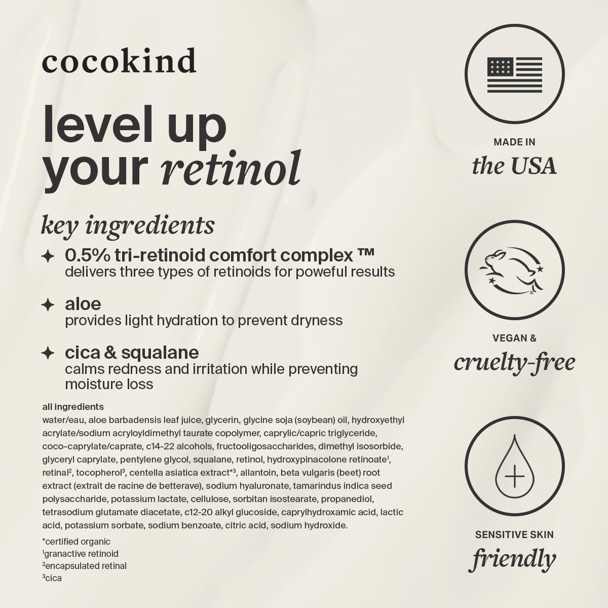 Cocokind Retinol Gel beside sunscreen reminder for daytime SPF