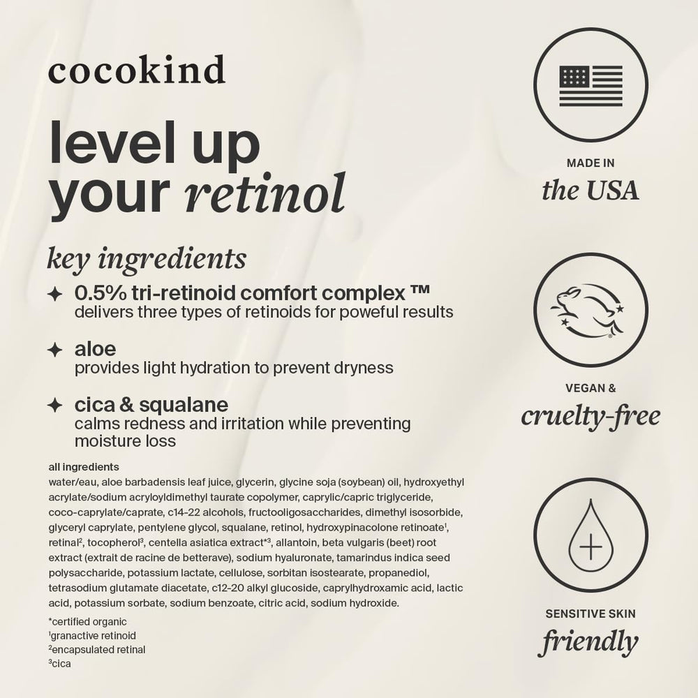 Cocokind Retinol Gel beside sunscreen reminder for daytime SPF