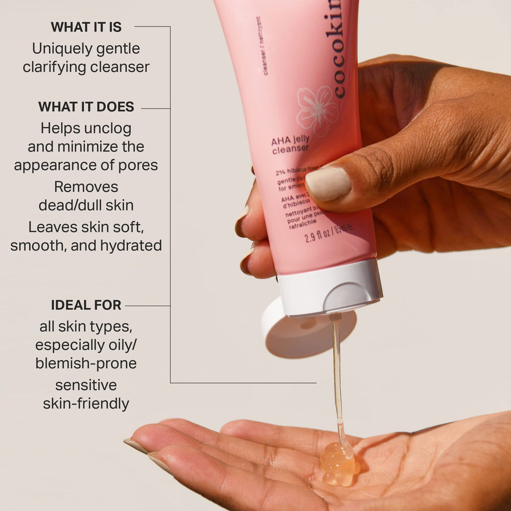 Cocokind AHA Jelly Cleanser ingredients close-up highlighting hibiscus and grape extracts.