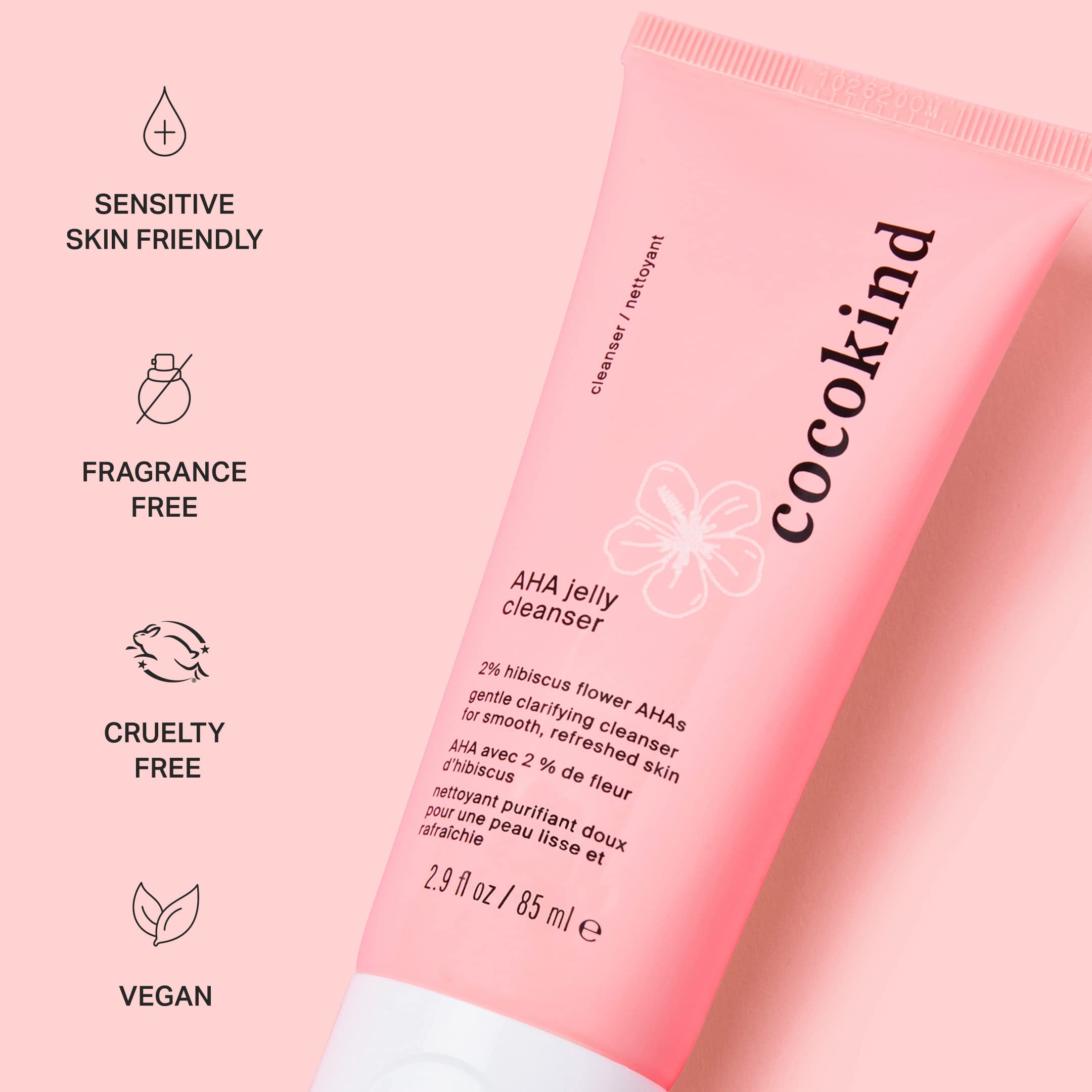 Cocokind AHA Jelly Cleanser texture close-up illustrating gel-like feel and cleansing action.