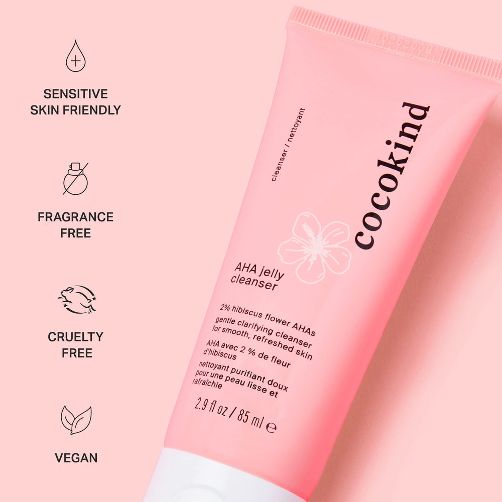 Cocokind AHA Jelly Cleanser texture close-up illustrating gel-like feel and cleansing action.