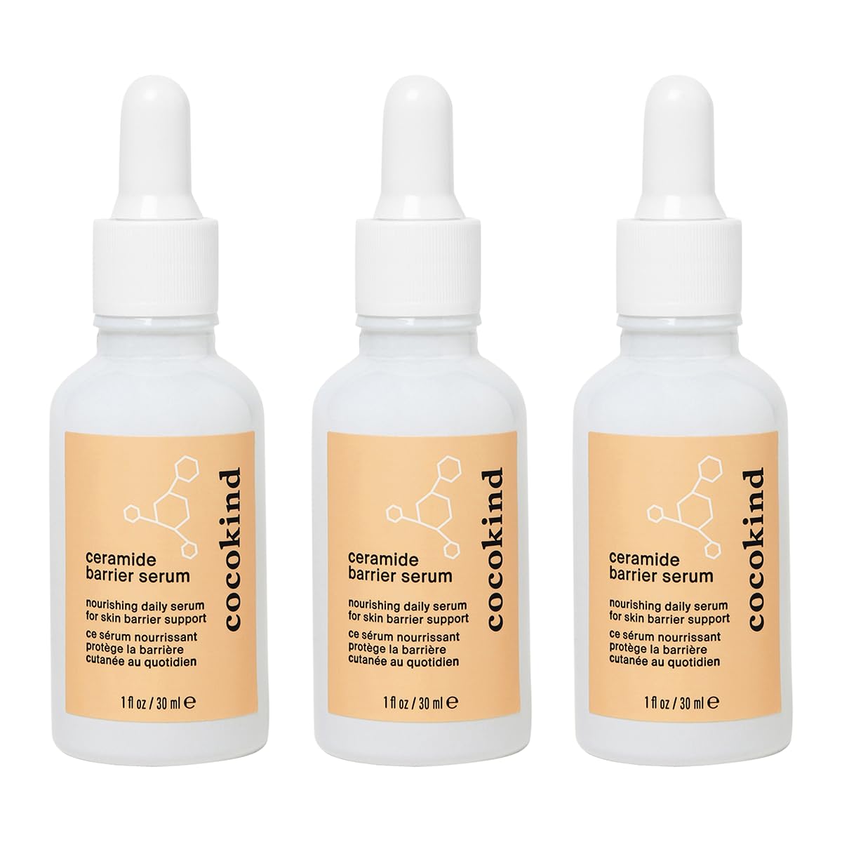 Cocokind Ceramide Barrier Serum bottle highlights hydrating formula for all skin types.