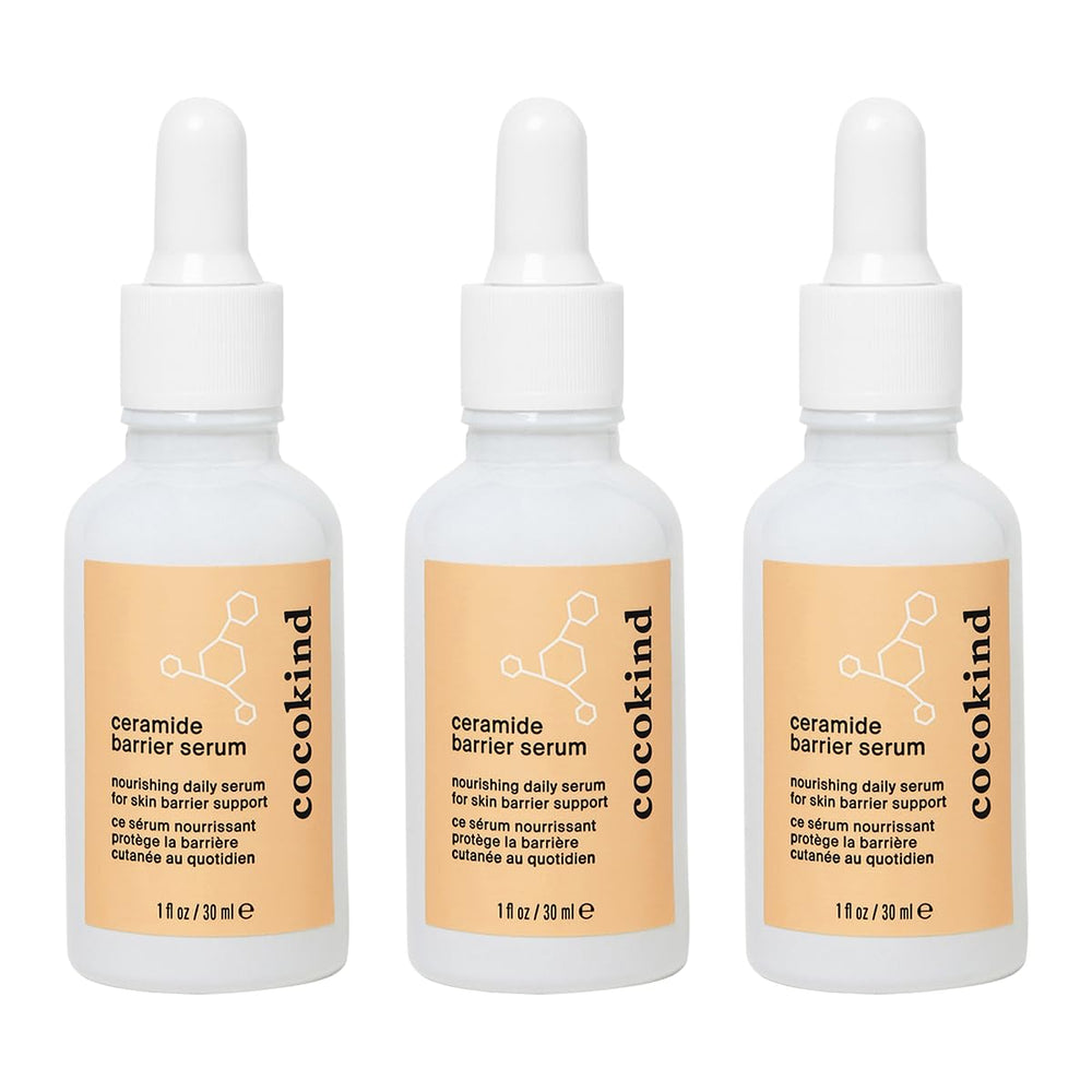 Cocokind Ceramide Barrier Serum bottle highlights hydrating formula for all skin types.