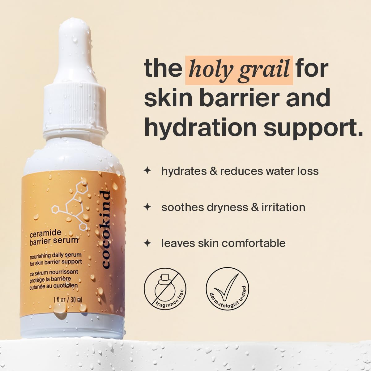 Cocokind Ceramide Barrier Serum dropper applying formula for instant absorption and hydration.