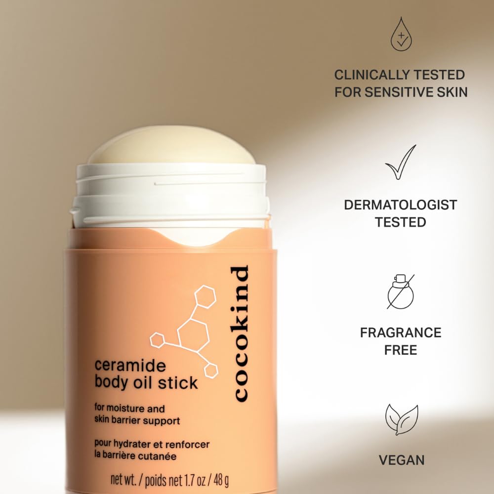 Cocokind Ceramide Body Oil Stick close-up shows silky balm-to-oil texture.