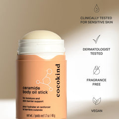 Cocokind Ceramide Body Oil Stick close-up shows silky balm-to-oil texture.
