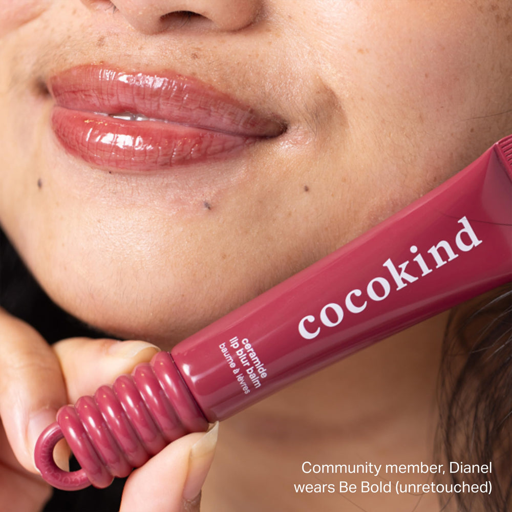 Cocokind Lip Blur Balm being applied for quick hydration on lips.