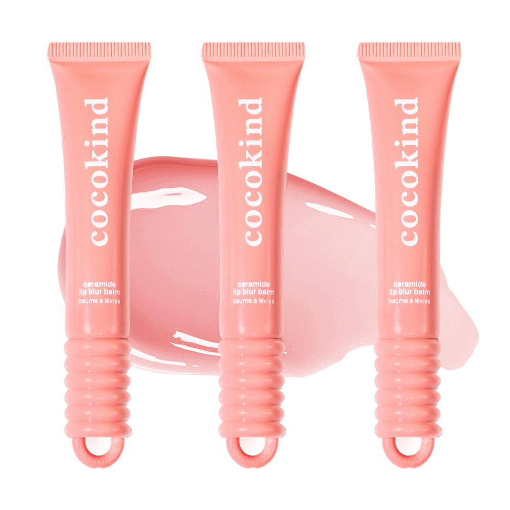 Cocokind Ceramide Lip Blur Balm pack swatch shows coral pink tint and hydration