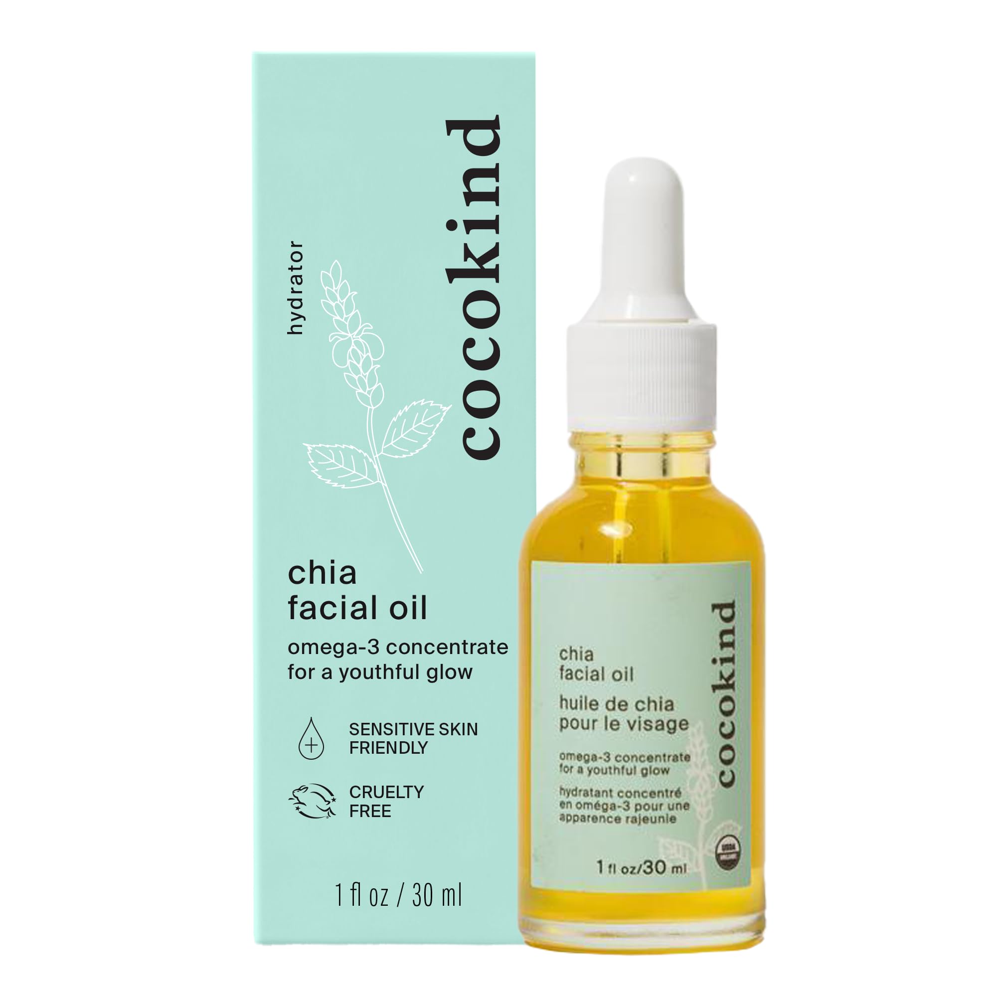 Cocokind Organic Chia Facial Oil bottle highlighting lightweight hydration for daily care.