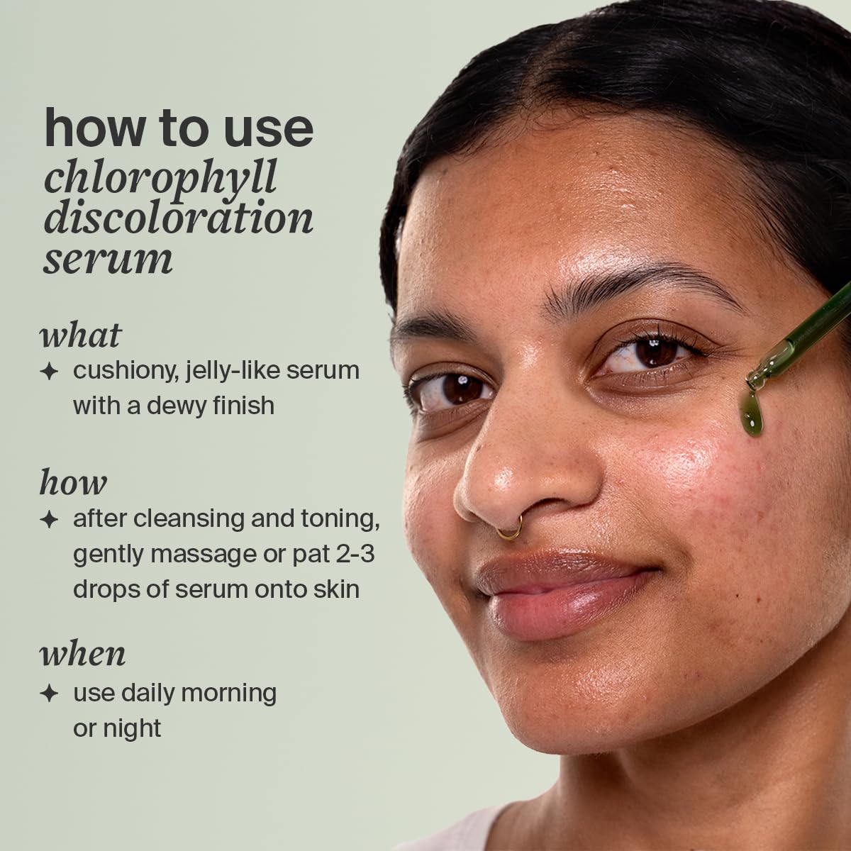 Cocokind Chlorophyll Discoloration Serum drop-dispense demonstrates controlled application for spot fading.