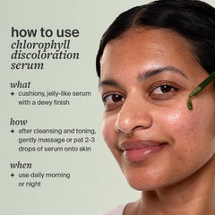 Cocokind Chlorophyll Discoloration Serum drop-dispense demonstrates controlled application for spot fading.