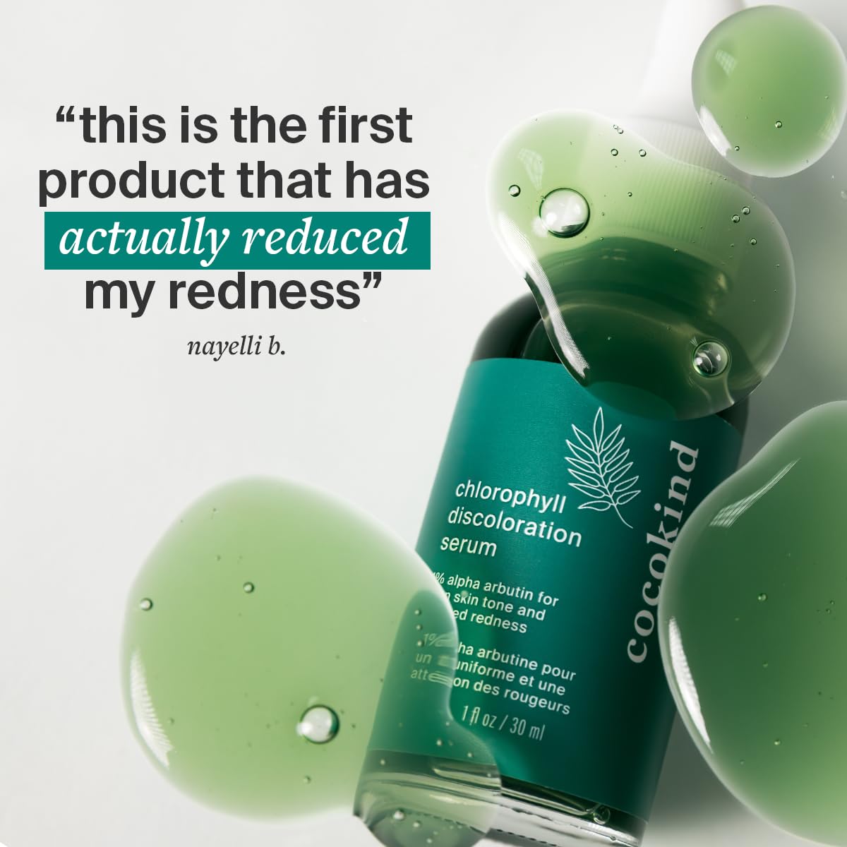 Cocokind Chlorophyll Discoloration Serum minimal packaging emphasizes cruelty-free branding.