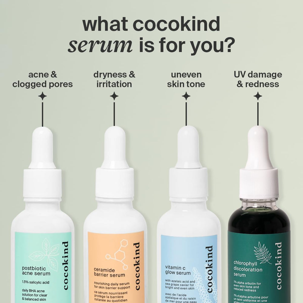 Cocokind Chlorophyll Discoloration Serum skin swatch shows even-toned glow.