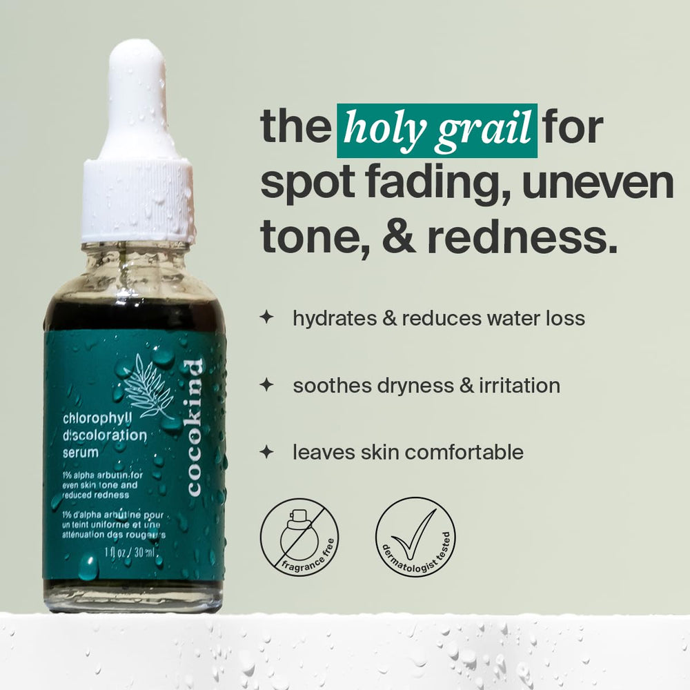 Cocokind Chlorophyll Discoloration Serum texture close-up shows lightweight gel for sensitive-skin use.