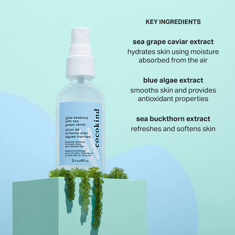 Cocokind Glow Essence blue algae extract scene suggests smoothing the skin.