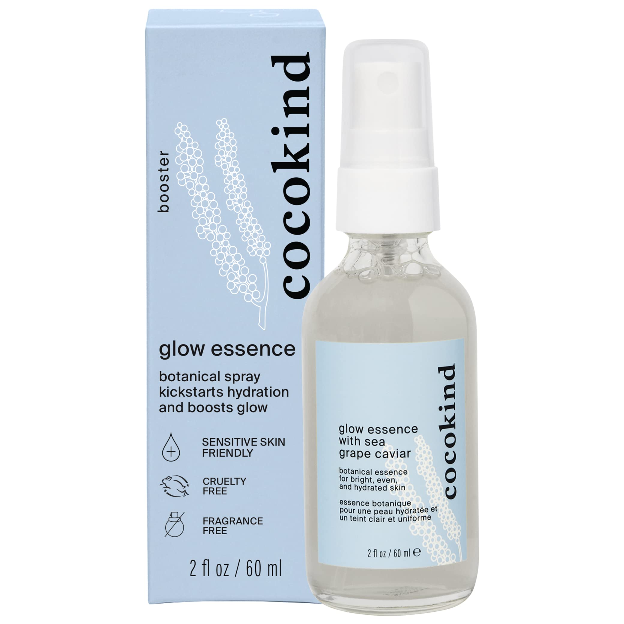 Cocokind Glow Essence bottle closeup highlighting hydrating glow from sea grape caviar.
