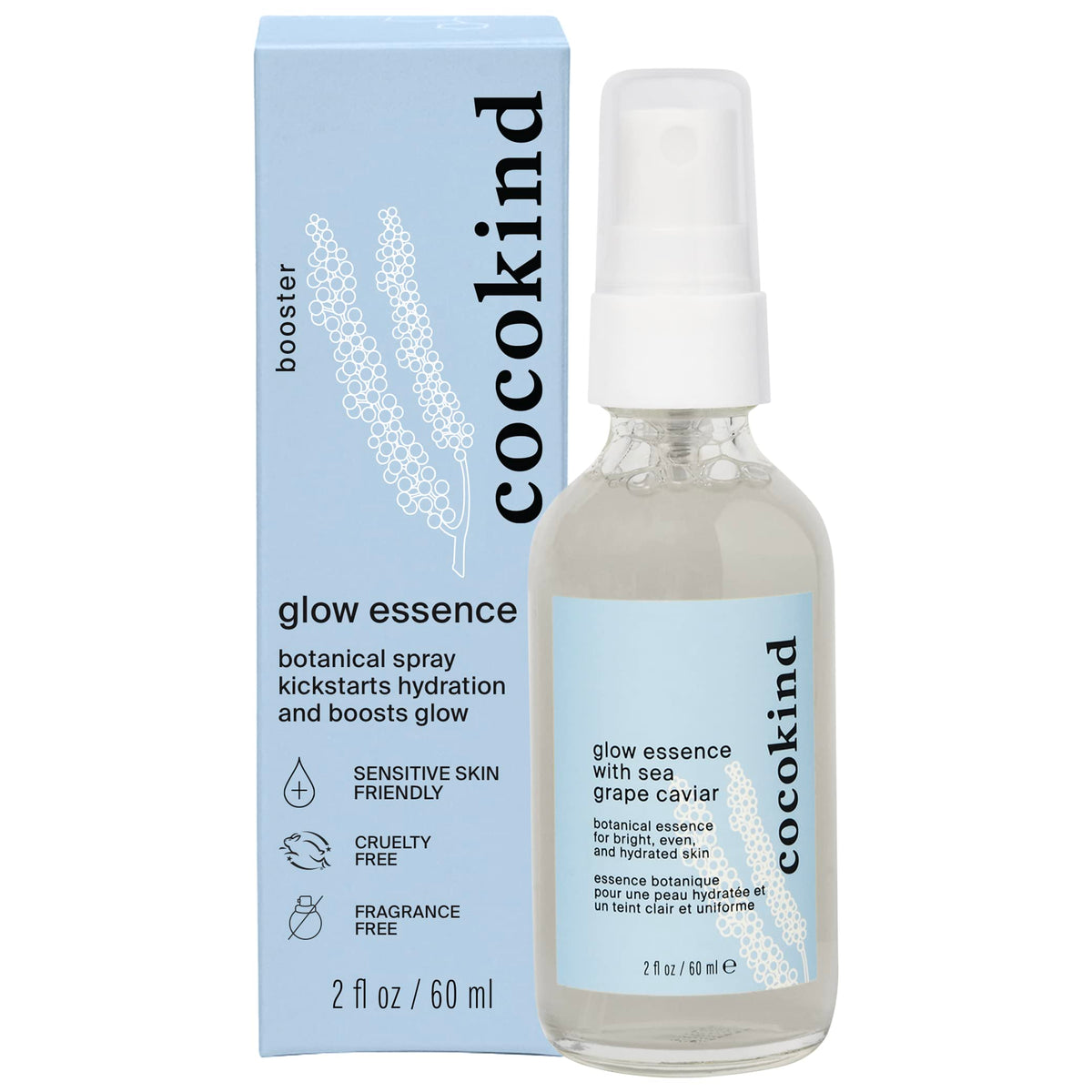 Cocokind Glow Essence bottle closeup highlighting hydrating glow from sea grape caviar.