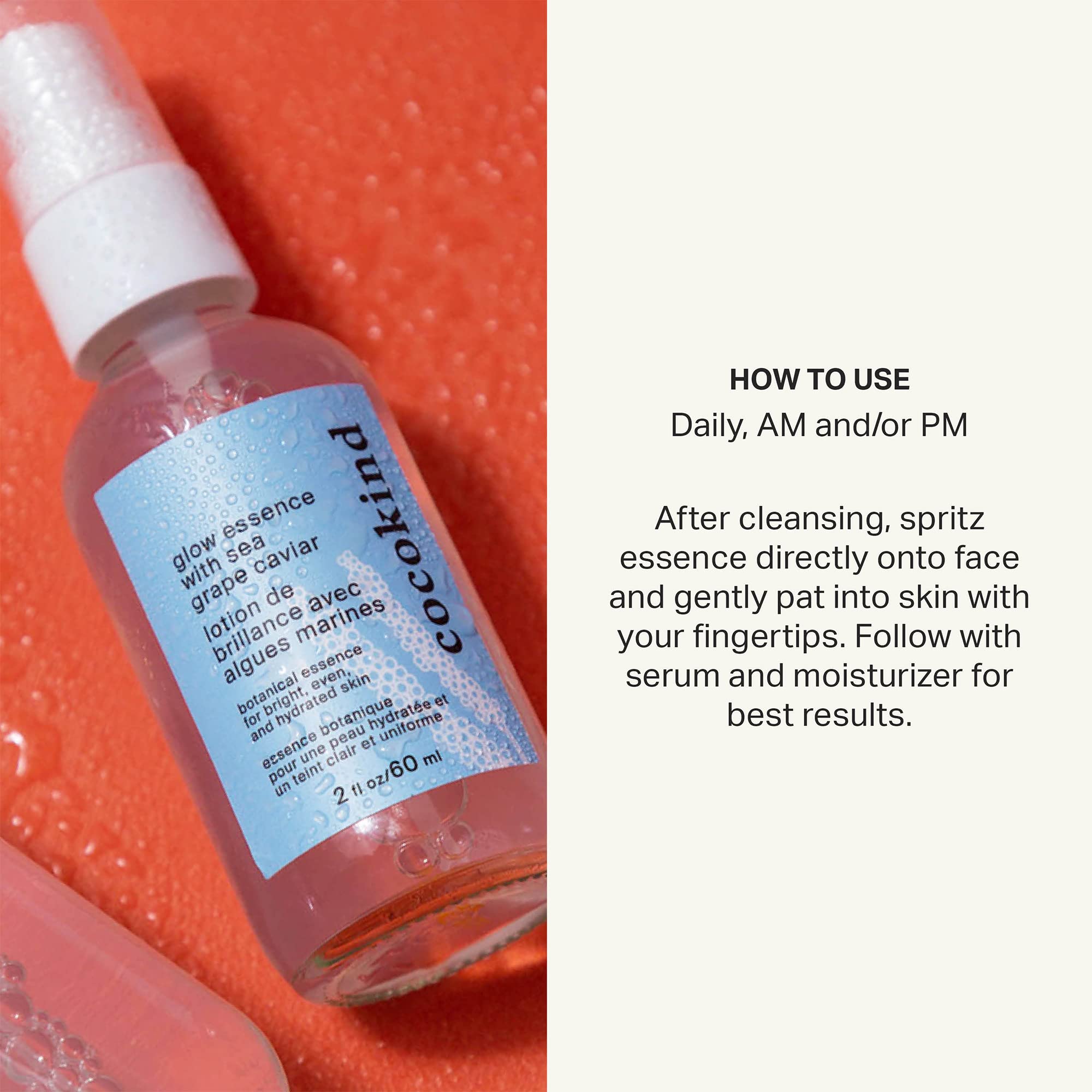 Cocokind Glow Essence sea buckthorn depiction conveying refreshment and vitamin E nourishment.