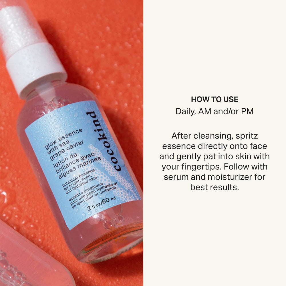 Cocokind Glow Essence sea buckthorn depiction conveying refreshment and vitamin E nourishment.