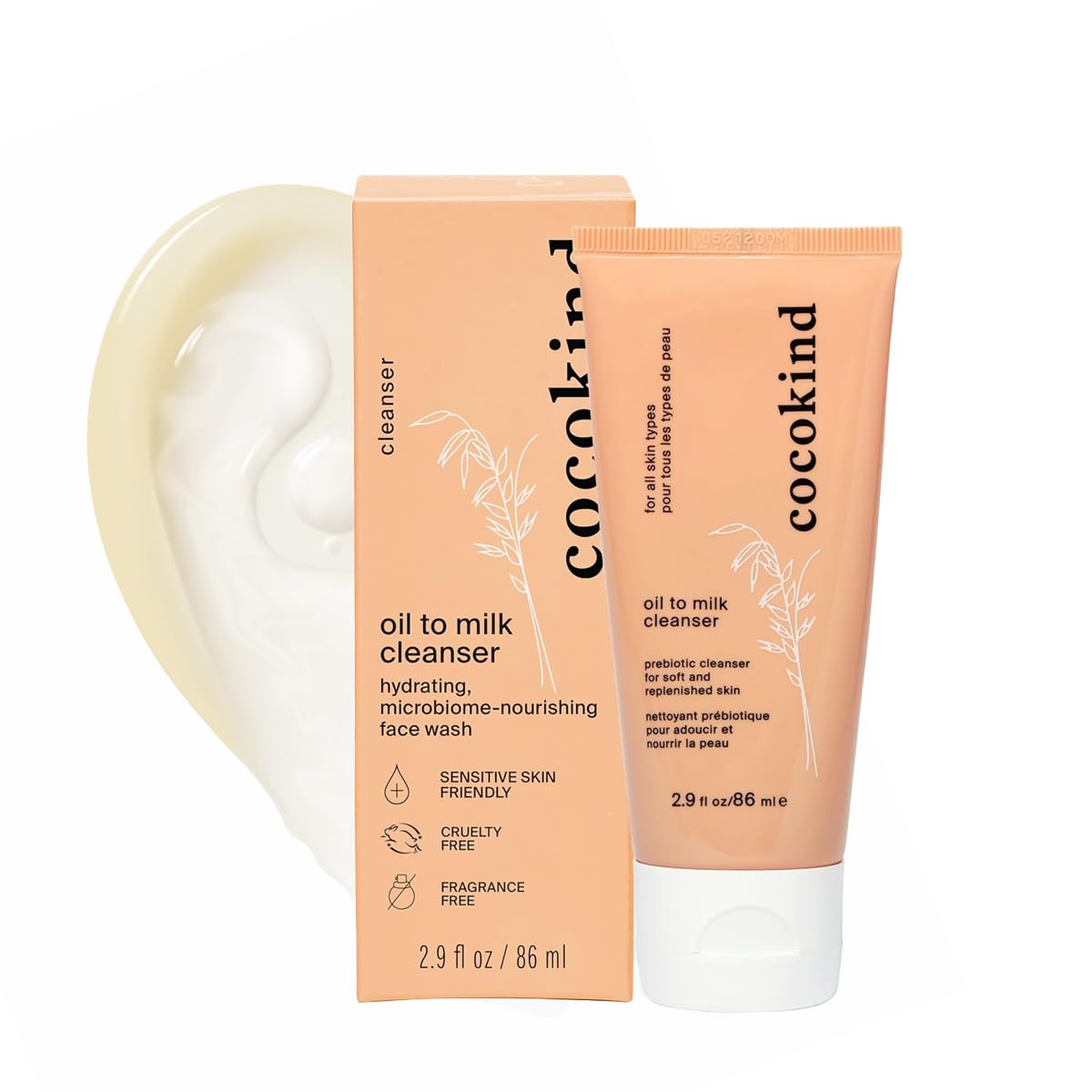 Cocokind Oil to Milk Face Wash bottle pour demonstrates gentle cleansing that preserves moisture