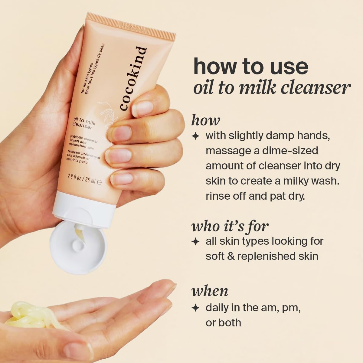 Cocokind Oil to Milk Face Wash applied to dry skin creates a milky wash