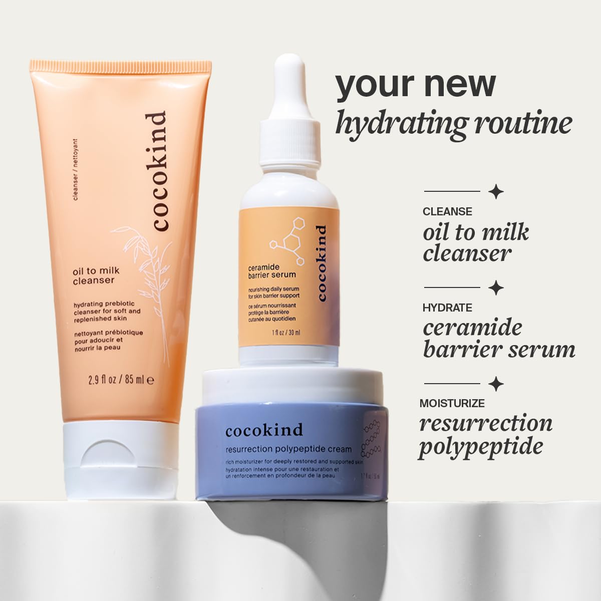 Cocokind Resurrection Polypeptide Cream ingredient focus highlights peptides and squalane benefits.