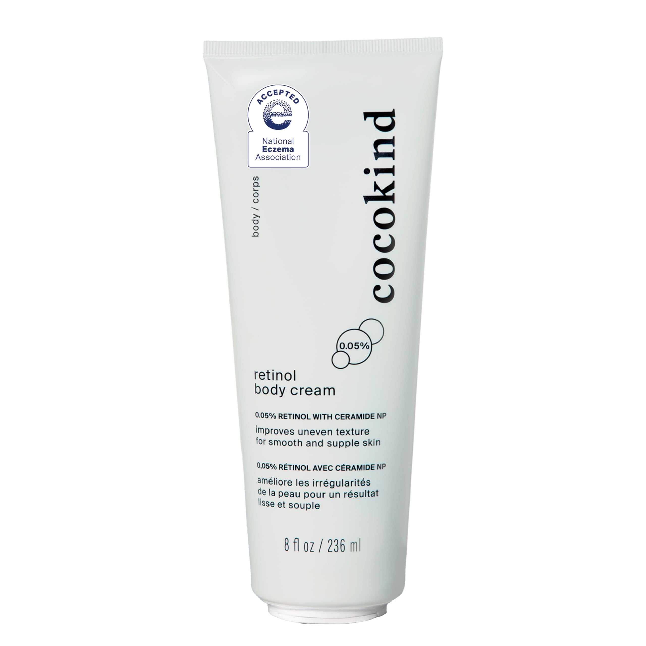 Cocokind Retinol Body Cream jar shows fragrance-free formula ideal for sensitive skin