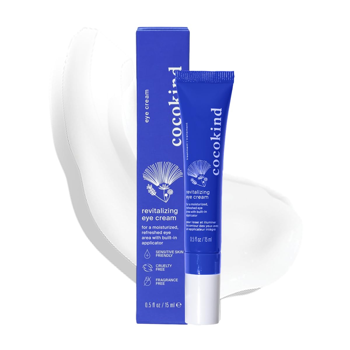 Cocokind Revitalizing Eye Cream shows the cool metal tip delivering refreshing depuff under-eye