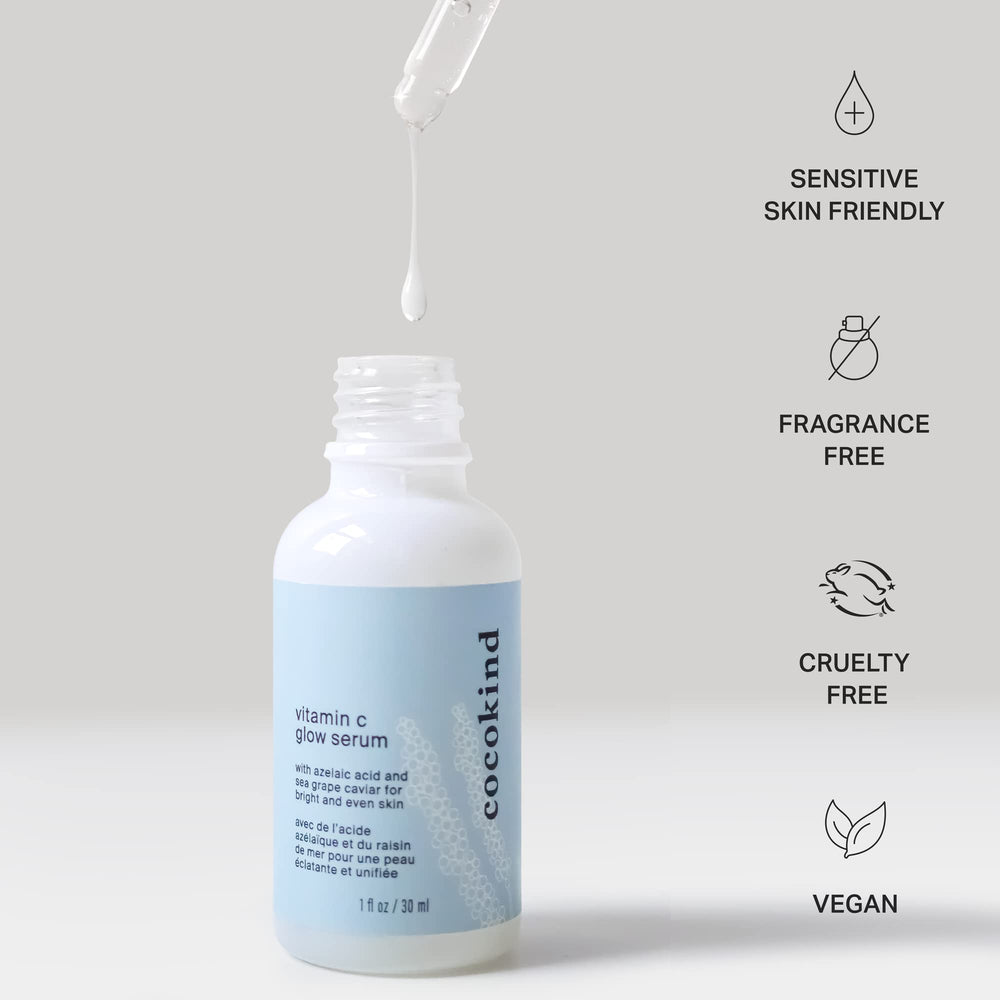 Cocokind Serum pump image demonstrates easy, everyday application for a dewy glow