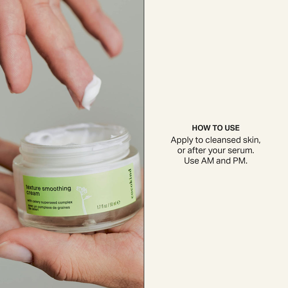 Cocokind Texture Smoothing Cream ingredients on a clean surface emphasize vegan cruelty free ethos