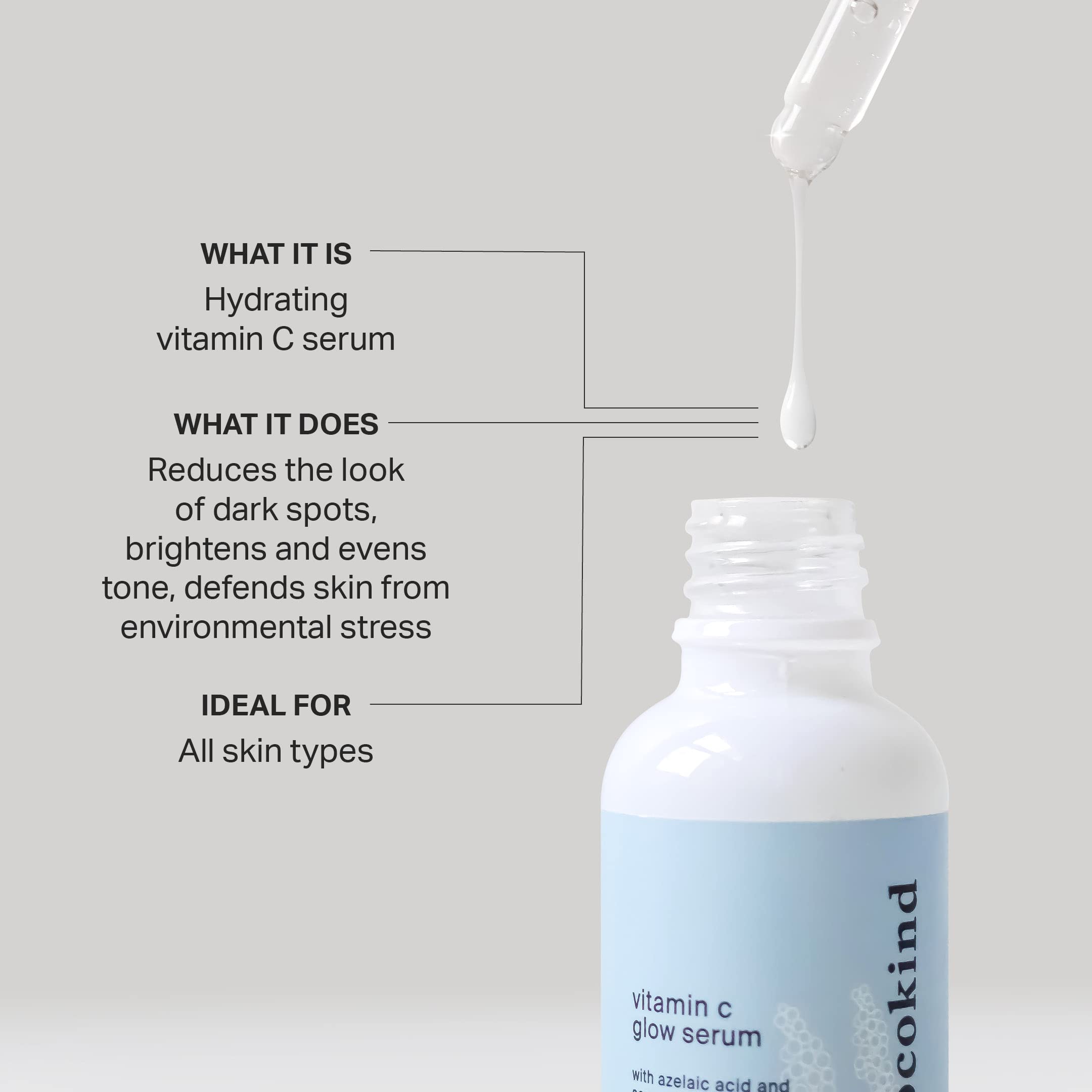 Cocokind Vitamin C Glow Serum label closeup shows clean fragrance-free formulation for sensitive skin