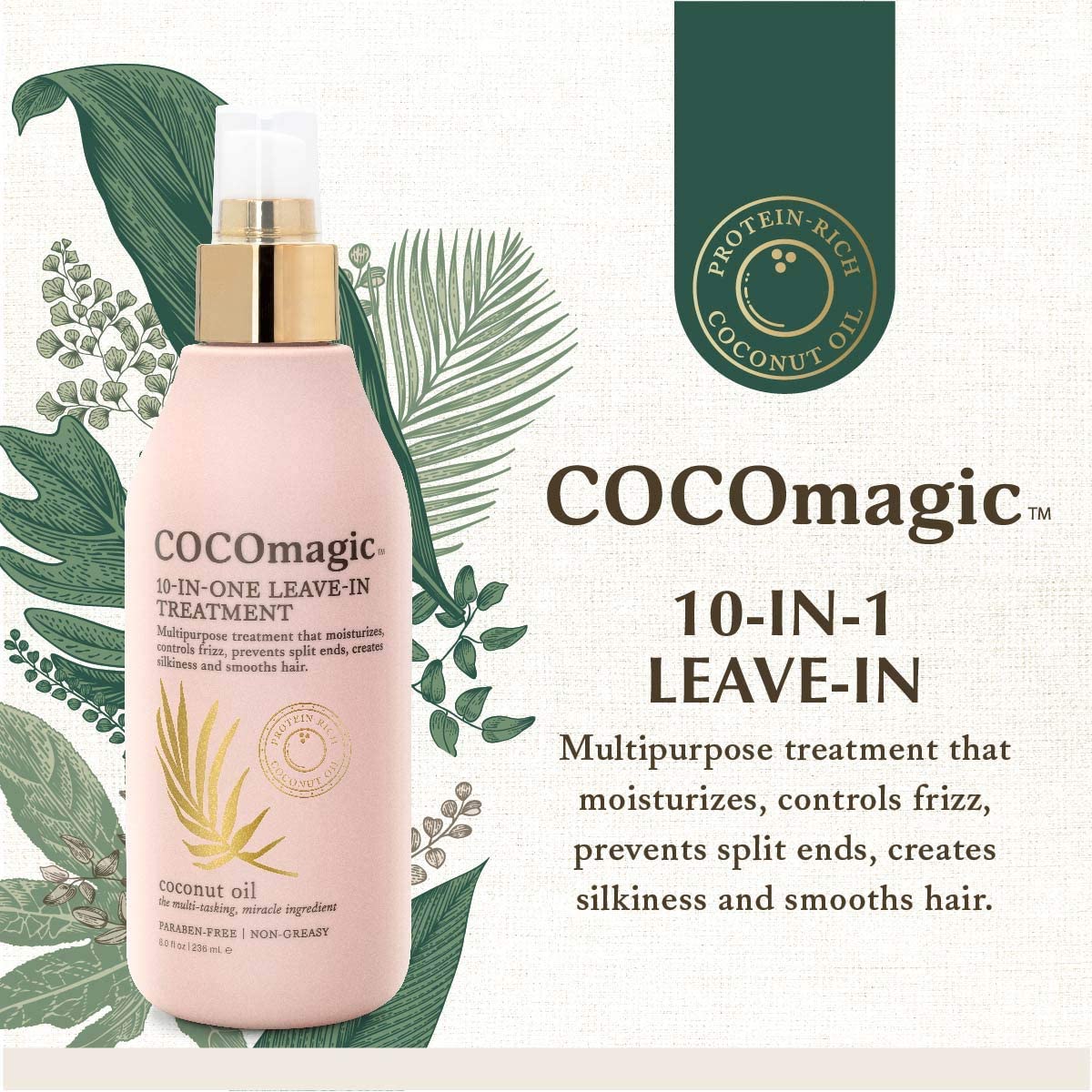 Cocomagic 8oz bottle packaging highlights premium, cruelty-free hair treatment.