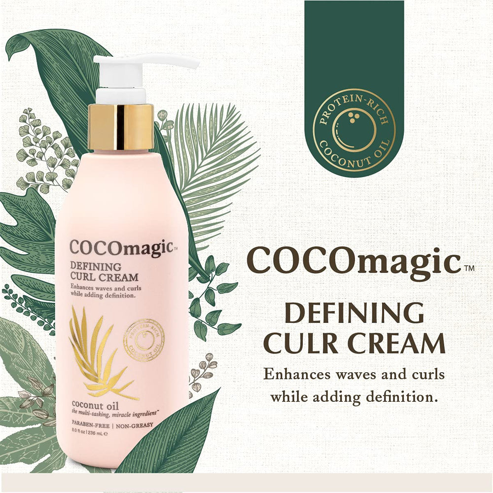 Cocomagic Defining Curl Cream close-up on hair shows shine and frizz-free strands.